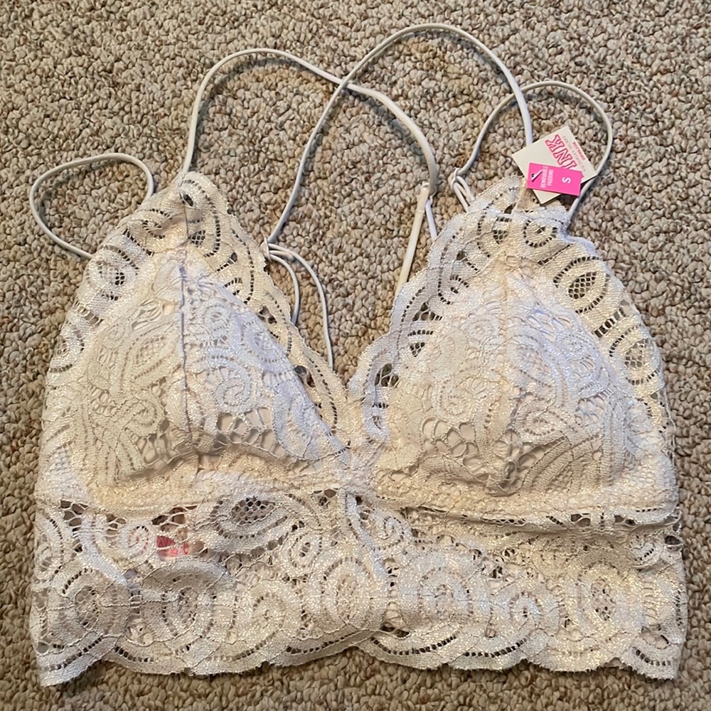 PINK. White shimmery bra top. Size small.